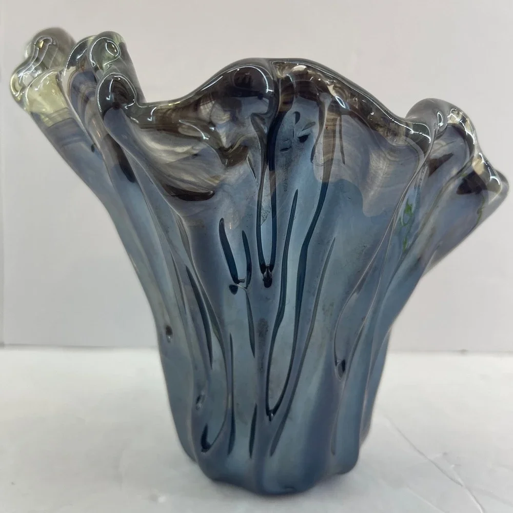 VTG Murano Style‎ Handkerchief Art Glass Vase Brown Swirl Ruffle Hand Blown